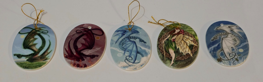 Set of 5 Christmas Ornaments Mickie Mueller Dragons Enchanted Porcelain 3.25"